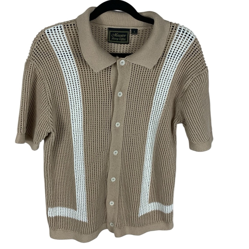 Men's Massive Luxury Edition Beige White Striped Crochet Knit Button Up Polo L